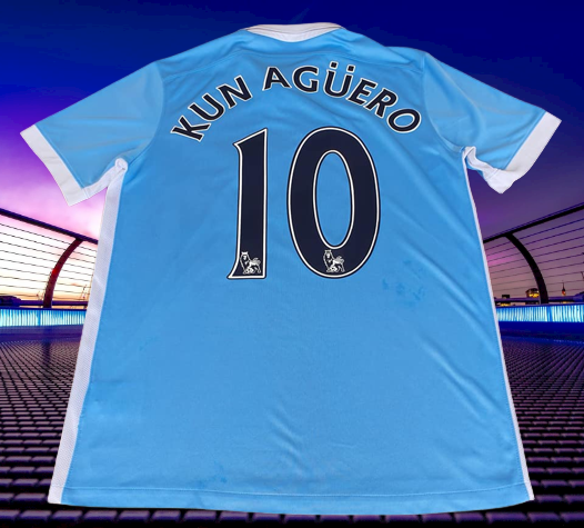 ENGLISH PREMIER MANCHESTER CITY FC 2015-16 LEAGUE CUP CHAMPION TOP  GOALSCORER KUN AGUERO 10 HOME NIKE JERSEY SHIRT M # 658886 -489 SOLD !!!