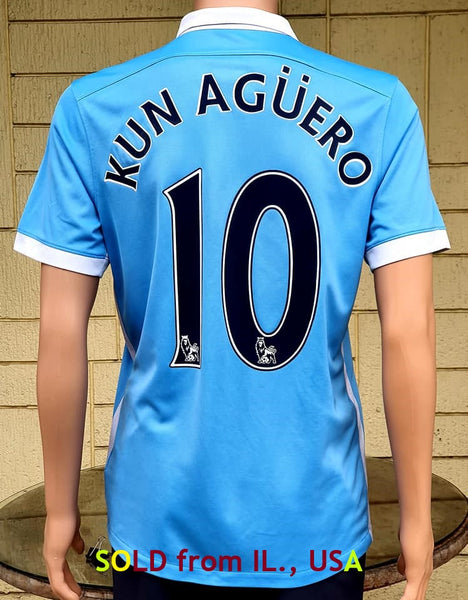 ENGLISH PREMIER MANCHESTER CITY FC 2015-16 LEAGUE CUP CHAMPION TOP GOALSCORER KUN AGUERO 10 HOME NIKE JERSEY SHIRT M  # 658886 -489  SOLD !!!